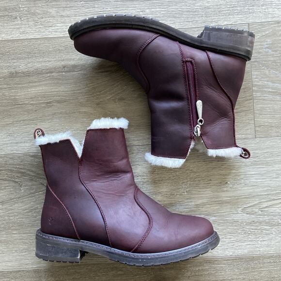 EMU Australian Pioneer Boots Women Sz 6 Burgundy Leather Wool Mid Calf - Picture 2 of 12